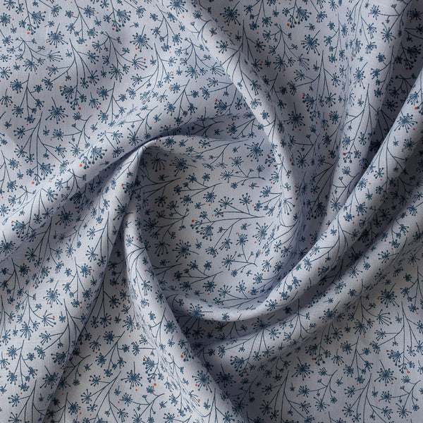 Teal Petal Dance linen fabric with teal floral print, dark orange dots, and grey background