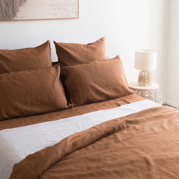 Tobacco Brown duvet cover made from 100% European linen. Vintage washed, breathable and medium weight (165–170 GSM) for warm, natural bedding.