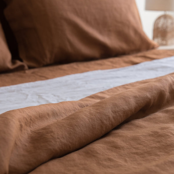 Tobacco Brown duvet cover made from 100% European linen. Vintage washed, breathable and medium weight (165–170 GSM) for warm, natural bedding.
