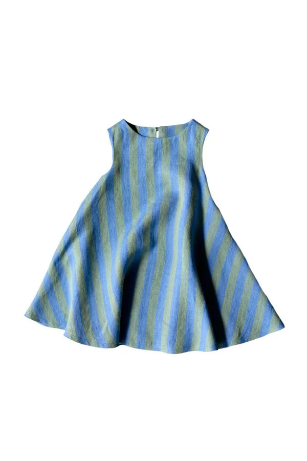 Blue and green striped dress made using trapezette girls dress sewing pattern on a white background