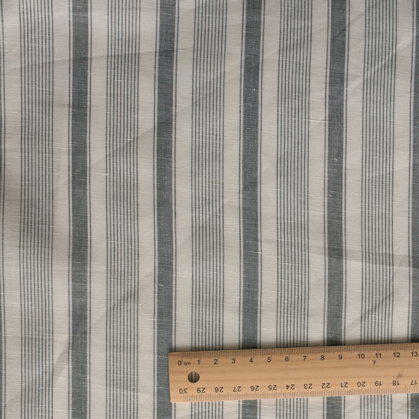 Vintage Pine Yarn-Dyed Linen Blend Fabric – classic beige and deep green striped pattern, lightweight 125 GSM