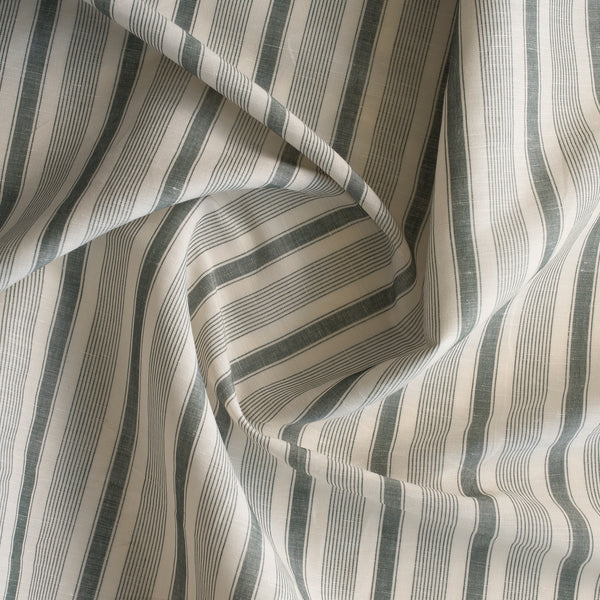 Vintage Pine Yarn-Dyed Linen Blend Fabric – classic beige and deep green striped pattern, lightweight 125 GSM