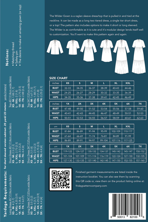Wilder Gown Sewing Pattern – flowy modular tiered dress or top with raglan sleeves and tie neck (XS–7X)