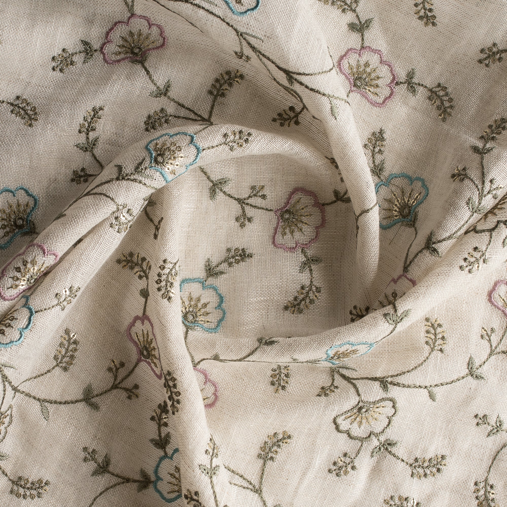 Wildflower Embroidered Linen Fabric – sheer 100% linen with floral threadwork and gold sequins on beige base