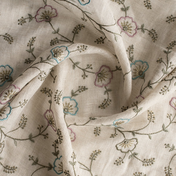 Wildflower Embroidered Linen Fabric – sheer 100% linen with floral threadwork and gold sequins on beige base