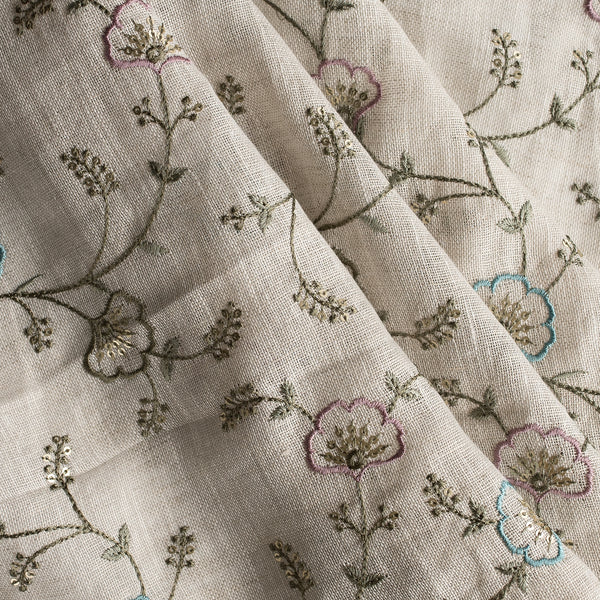 Wildflower Embroidered Linen Fabric – sheer 100% linen with floral threadwork and gold sequins on beige base