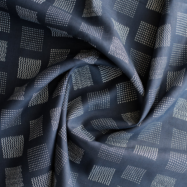Zen Block Print 100% Linen Fabric – navy blue with white geometric print, lightweight 140 GSM, fine 60 LEA weave