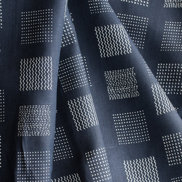 Zen Block Print 100% Linen Fabric – navy blue with white geometric print, lightweight 140 GSM, fine 60 LEA weave