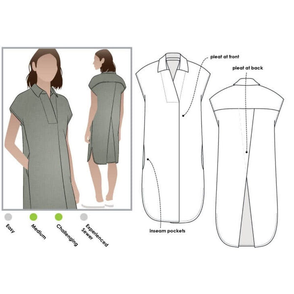 Illustration of the Autumn Dress sewing pattern, highlighting the elegant pleats, extended shoulders, and unique details that make this dress a fashionable choice for any occasion.