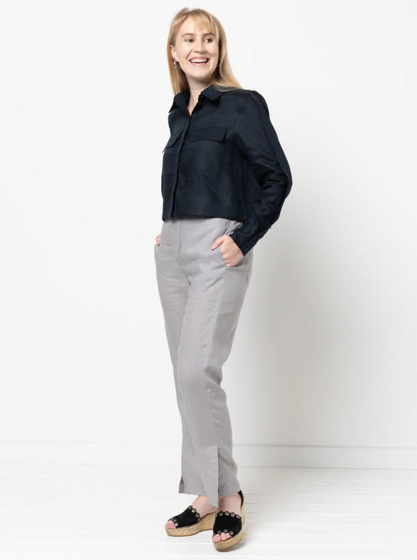 Sophisticated Bennet Pant pattern showcasing straight-leg design with side splits, elastic back waistband, and shaped front waistband for a refined look.