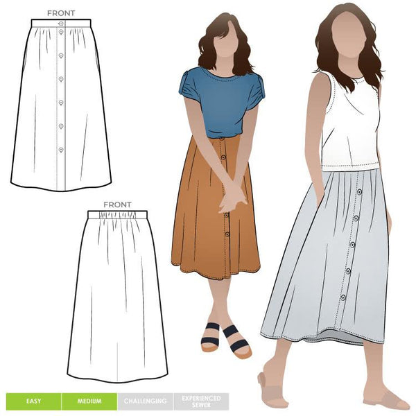 Classic Bonnie Woven Dirndl Skirt pattern with a curved front waistband and elastic back, perfect for creating a comfortable and stylish look.