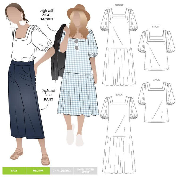 Charming Clementine Woven Top and Dress pattern with a square neck, puffed sleeves, and a gathered tier, designed for an effortlessly stylish appearance