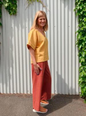 Contemporary Darby Woven Pant pattern with a wide leg, elastic waist, and convenient patch pockets, designed for a fashionable and easy fit.