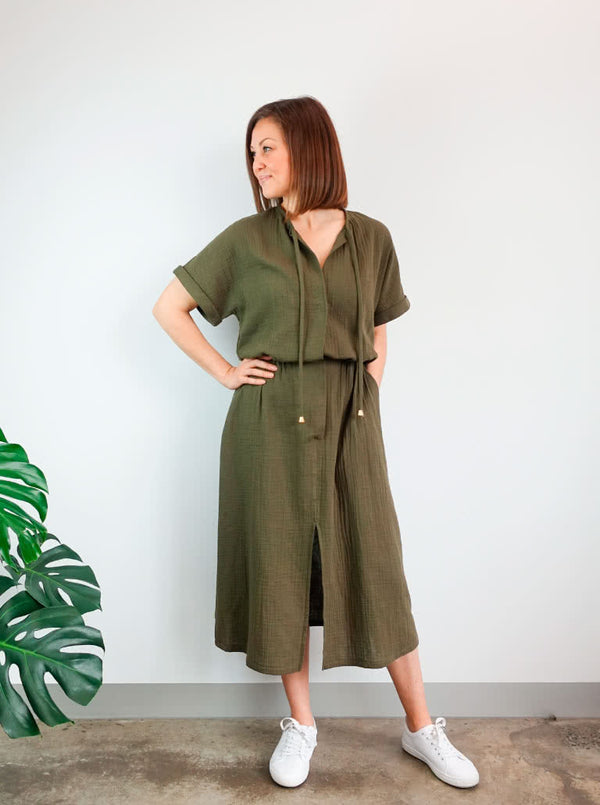 Stylish Eadie Woven Jumpsuit/Dress and Norman Jumpsuit pattern with extended shoulder line, wide legs, and front split skirt, offering a contemporary look.