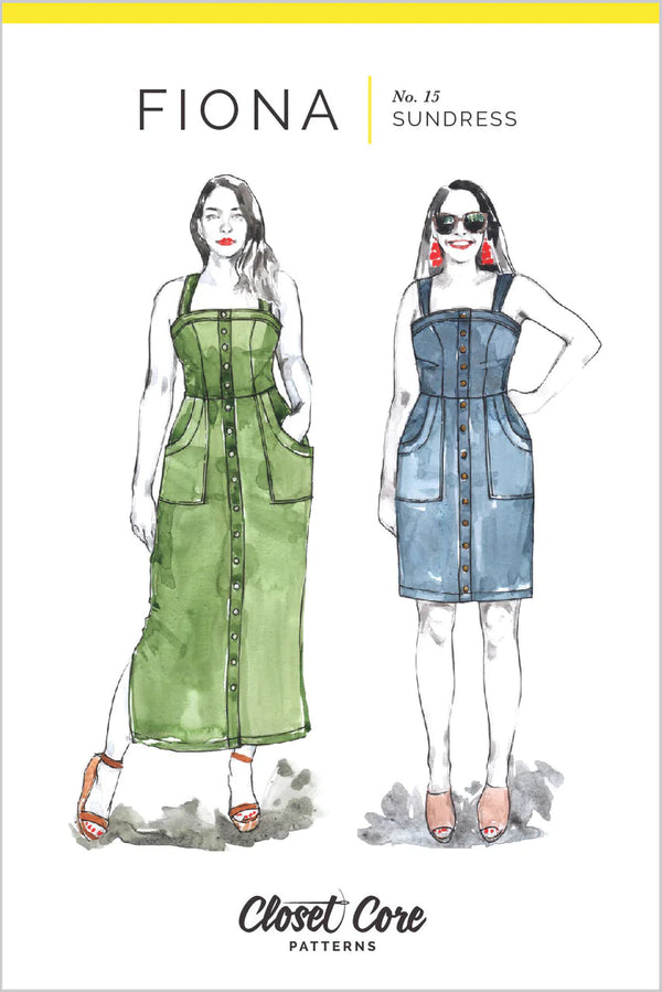 Closet Core’s Fiona Sundress sewing pattern, showcasing a fitted button-up design with shoulder straps, princess seams, and a straight-cut skirt, ideal for medium weight woven fabrics.