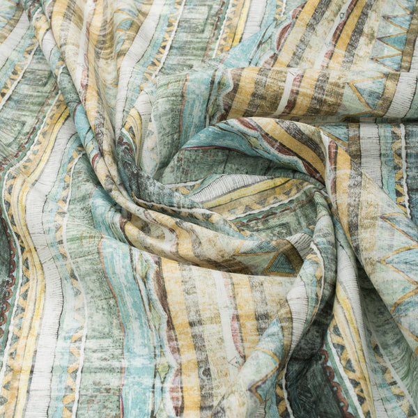 Lightweight linen-cotton blend fabric with scalloped, chevron, and striped patterns in green, yellow, maroon, and blue
