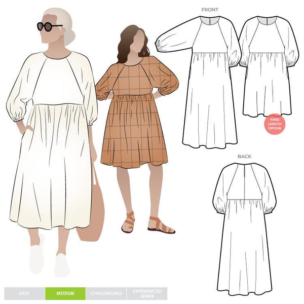 Hope Woven Dress sewing pattern featuring an easy fit, high waist, deep raglan armhole, full sleeves with elastic finishing, and two skirt length options, suitable for a variety of fabrics.