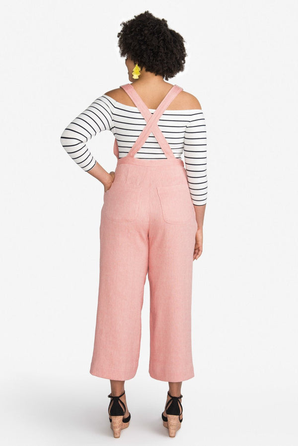 Jenny Overalls and Trouser sewing pattern, featuring ultra-high rise, wide-leg design, and customizable details, suitable for bottom-weight woven fabrics like denim and linen.