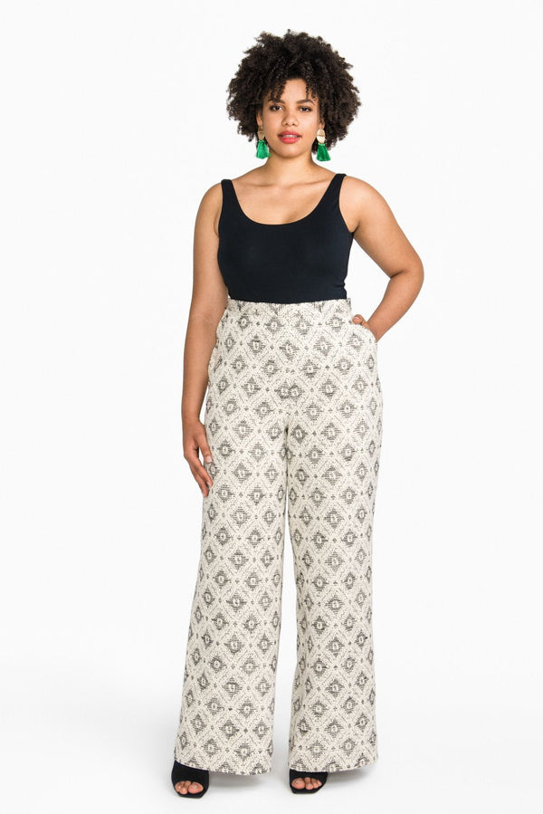 Jenny Overalls and Trouser sewing pattern, featuring ultra-high rise, wide-leg design, and customizable details, suitable for bottom-weight woven fabrics like denim and linen.