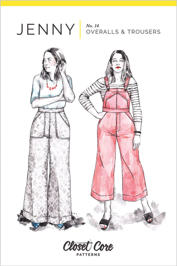 Jenny Overalls and Trouser sewing pattern, featuring ultra-high rise, wide-leg design, and customizable details, suitable for bottom-weight woven fabrics like denim and linen.