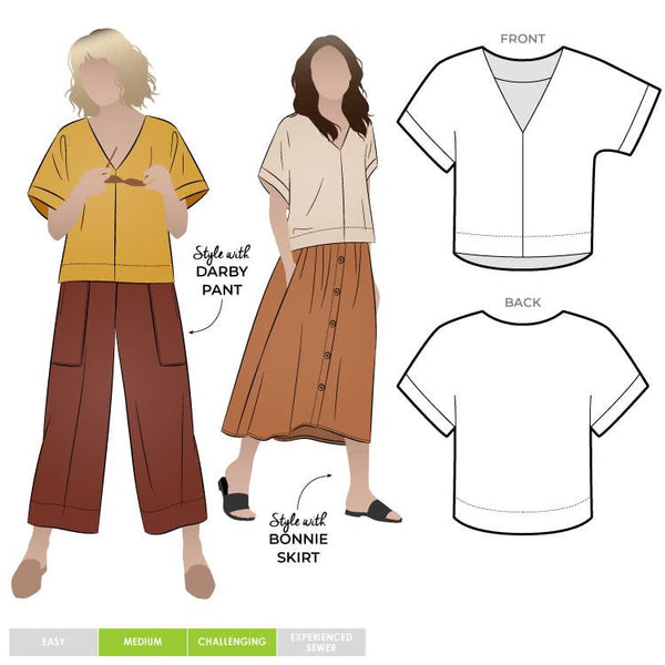 Joan Woven Top sewing pattern featuring a square shape, V-neck, extended shoulder line with band, and wide hem facings, suitable for washed linen, charmeuse, crepe, and rayon fabrics.
