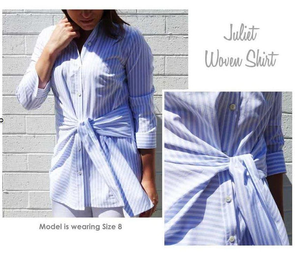 Juliet Woven Shirt sewing pattern, featuring a stylish tie front and ¾ sleeves, creating a flattering silhouette, suitable for soft cotton, washed linen, silk, viscose, and rayon fabrics.