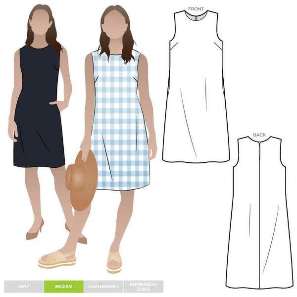 June Sheath Dress sewing pattern, featuring a sleeveless slip-on design with a very slight A-line shape and inseam pockets, suitable for crepe, linen, rayon, cotton, and brocade fabrics.
