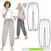 Kew Woven Pant sewing pattern, featuring a waisted, fly front design with a shaped leg, unique hem, and angled pockets, suitable for linen, fine wool, or crepe fabrics.