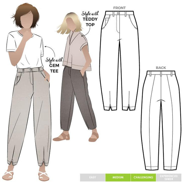 Kew Woven Pant sewing pattern, featuring a waisted, fly front design with a shaped leg, unique hem, and angled pockets, suitable for linen, fine wool, or crepe fabrics.