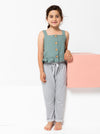 Kit Kids Tank Top sewing pattern, featuring a button-through top with frilled hem and adjustable shoulder straps for kids, suitable for linen, cotton, and denim fabrics.