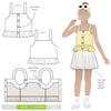 Kit Kids Tank Top sewing pattern, featuring a button-through top with frilled hem and adjustable shoulder straps for kids, suitable for linen, cotton, and denim fabrics.