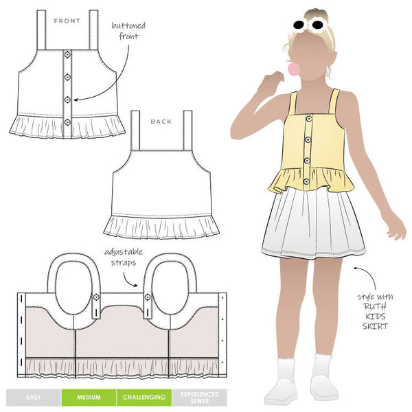 Kit Kids Tank Top sewing pattern, featuring a button-through top with frilled hem and adjustable shoulder straps for kids, suitable for linen, cotton, and denim fabrics.