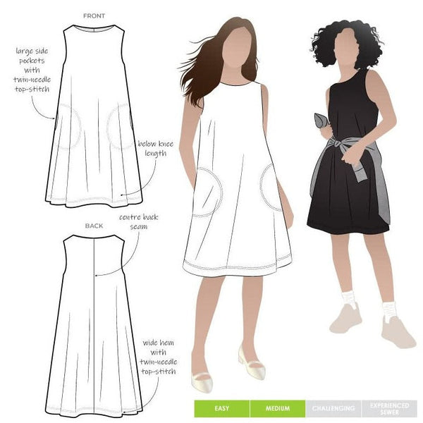 Lena Shift Dress sewing pattern, featuring a sleeveless “A” line boat neck design with a tent shape, calf length, and large inseam pockets, suitable for linen, cotton, and crepe fabrics.