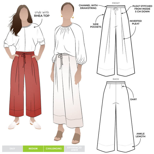 Milan woven pant sewing pattern featuring a wide leg, ankle length, and drawstring tie waist, designed for ultimate comfort in linen and cotton.