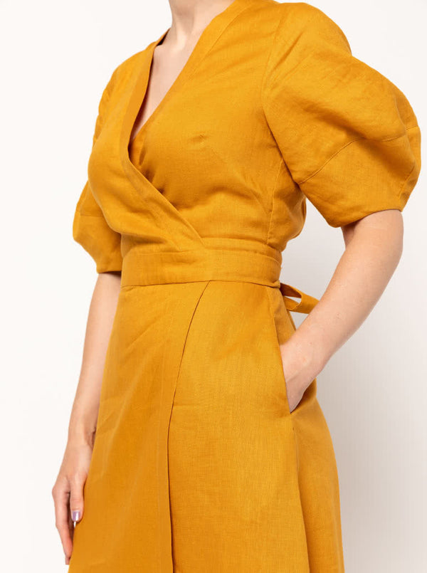 graceful Millicent wrap dress sewing pattern with a long wrap skirt and versatile sleeve options, perfect for creating a sophisticated garment in fine fabrics.
