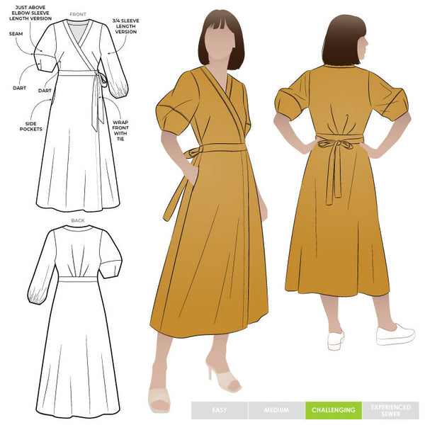 graceful Millicent wrap dress sewing pattern with a long wrap skirt and versatile sleeve options, perfect for creating a sophisticated garment in fine fabrics.