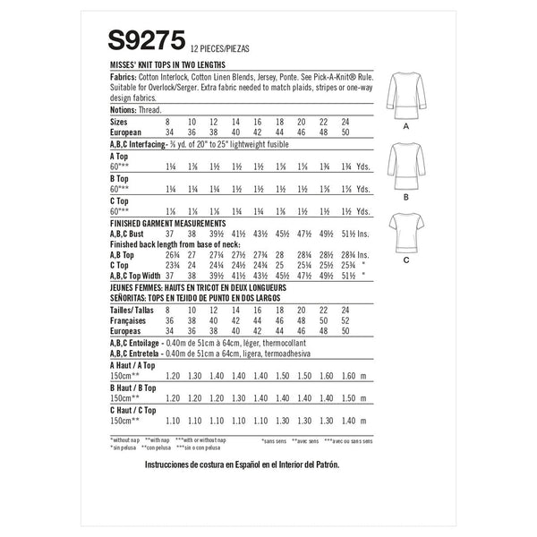 Misses' Knit Tops S9275 Multi-Size Sewing Pattern