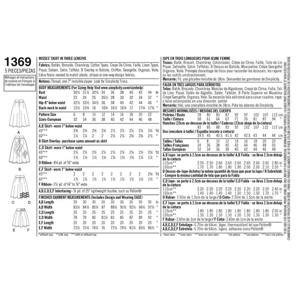 Misses' Skirts 1369 Multi-Size Sewing Pattern
