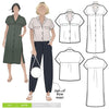 A versatile Monty 2-in-1 sewing pattern for a shirt and dress with a neat revere collar and extended shoulder line, suitable for various fabrics.