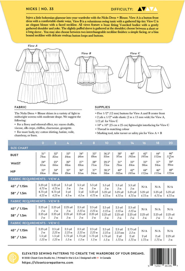A bohemian-inspired Nicks Dress & Blouse sewing pattern with a V-neck bodice, gathered details, and multiple sleeve variations.