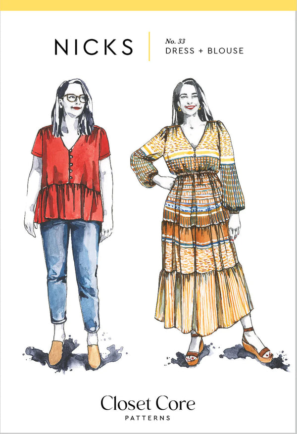 A bohemian-inspired Nicks Dress & Blouse sewing pattern with a V-neck bodice, gathered details, and multiple sleeve variations.