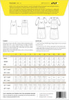 Pauline Dress pattern showcasing a square neckline, knife pleats, and options for puff sleeves or a sheath skirt, ideal for various woven fabrics.