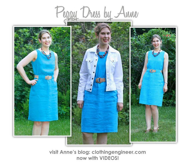 Versatile Peggy pencil dress sewing pattern with an elastic waist, ideal for soft woven fabrics like wool, linen, and denim, great for a work setting