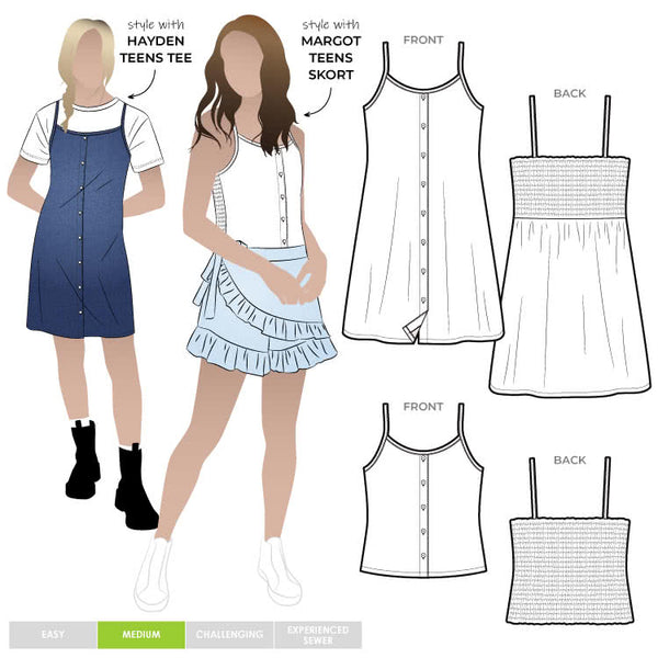 Chic Penny Teens swing dress or top sewing pattern featuring a shirred back panel, rouleau straps, and a faux button opening, designed for cotton, linen, and rayon fabrics