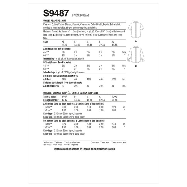 Unisex Adaptive Shirt S9487 Multi-Size Sewing Pattern
