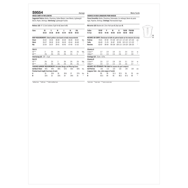 Unisex Shirt in Two Lengths Multi-Size Sewing Pattern