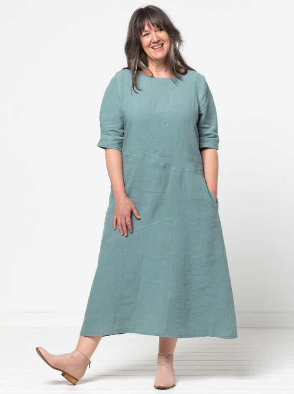 Style Arc’s Yvette Woven Dress pattern with asymmetrical panelled design and sleeve options.