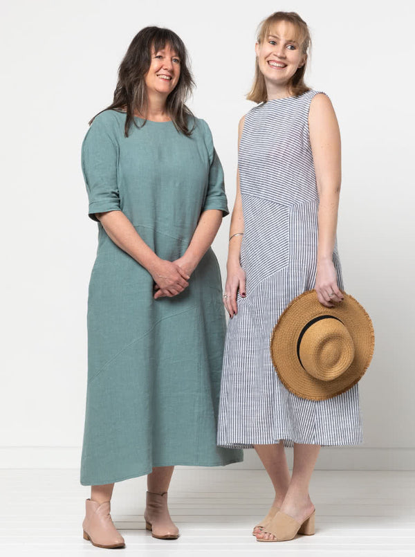 Style Arc’s Yvette Woven Dress pattern with asymmetrical panelled design and sleeve options.