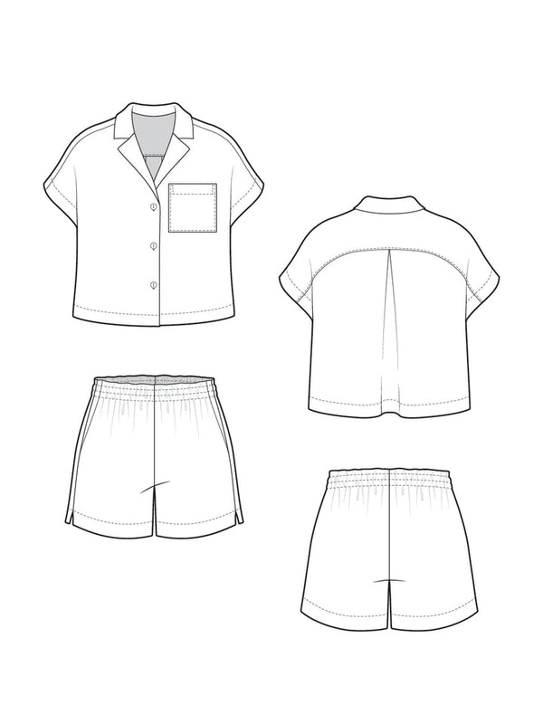Technical drawing of a shirt and shorts set on a white background
