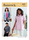 Butterick sewing pattern B6841 for unisex fitted button-down shirts with pointed collar, self-lined yoke, and classic details.